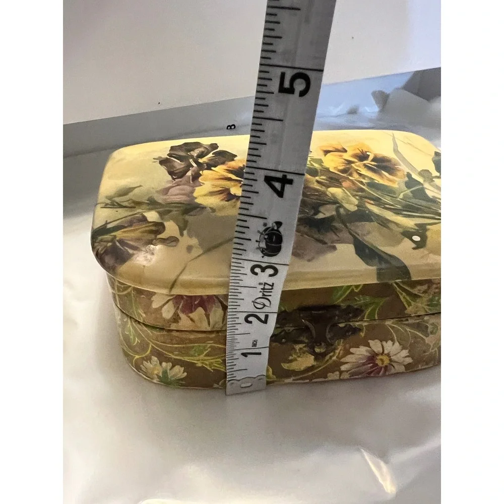 Vintage Floral Decoupage Jewelry Box Hinged Wood Trinket Box Yellow 6x4‎